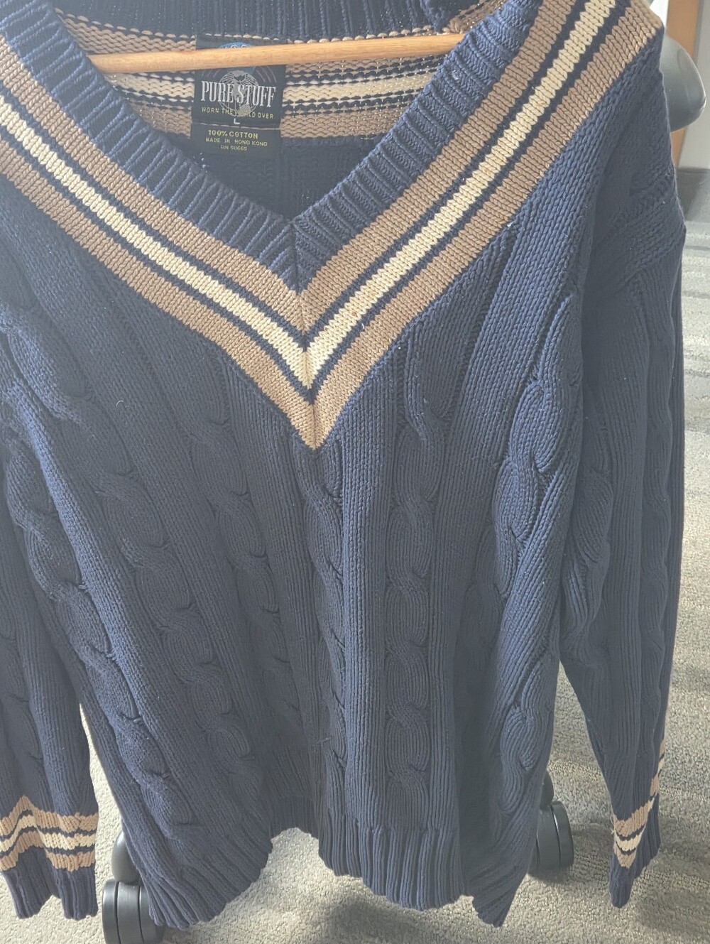 Men's Navy V-Neck Cable Sweater with Tan Stripe Detail
